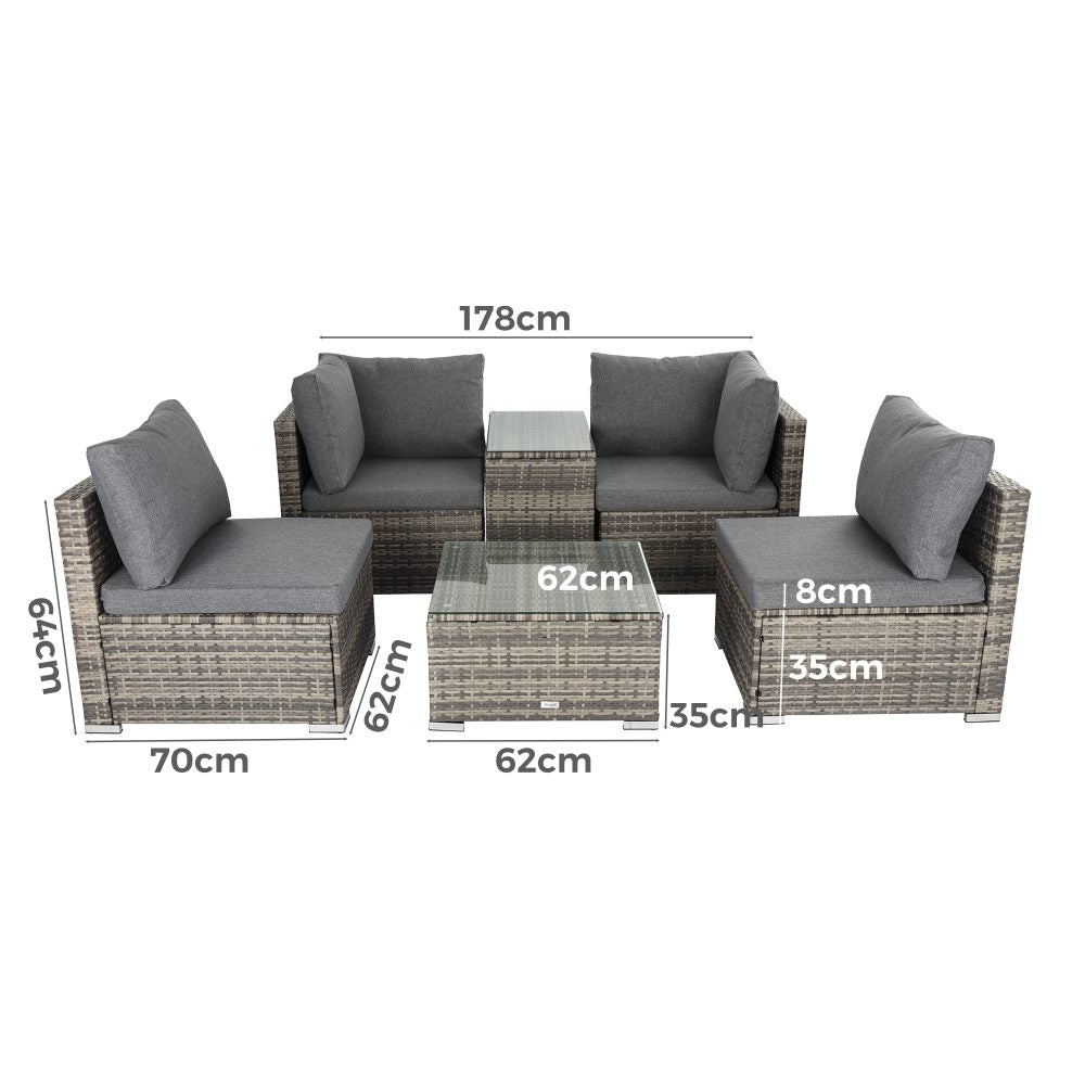Brighton 6 Piece Lounge Sofa with Wicker End Table Set - Grey